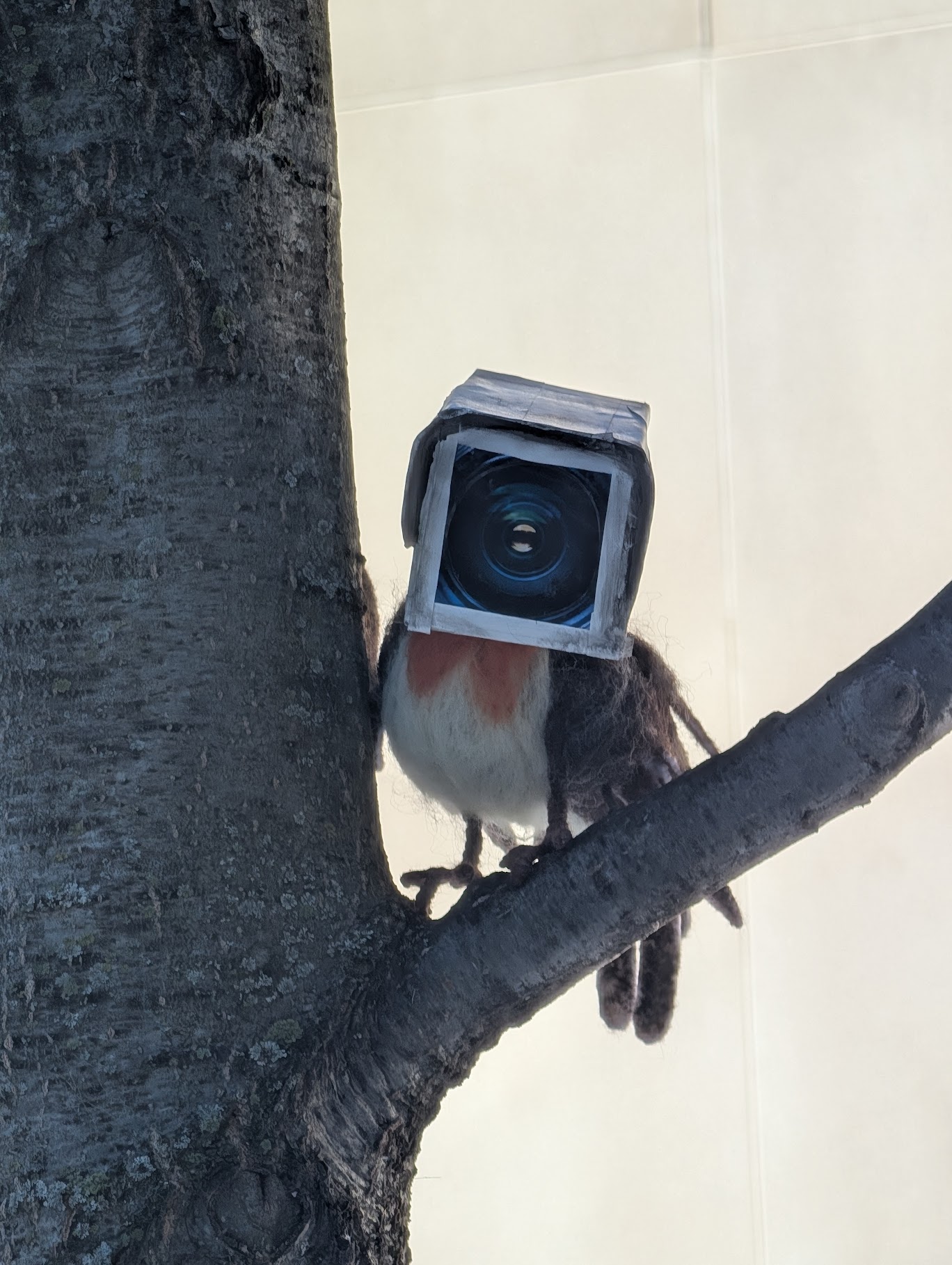 A mixed media sculpture that depicts a robin with the head of an old-timey security camera.